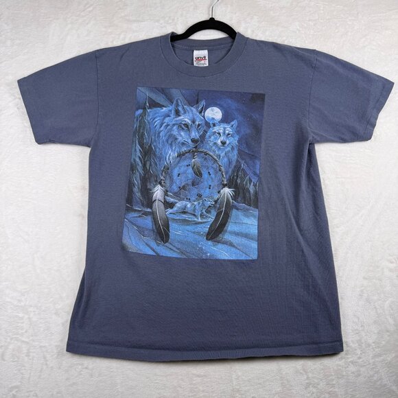 Graphic T Shirt Wolf Dreamcatcher Blue Unisex Size L Spiritual Nature - Picture 1 of 7